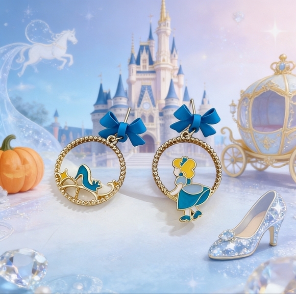 Jewelry - Disney Style Cinderella Drop Earrings Blue Bow & Glass Slipper Dangles
